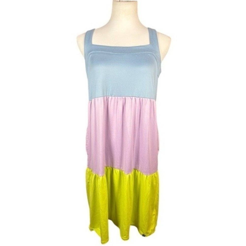 Lug Flare Colorblock Tiered Sleeveless Dress Blue Purple Green XS Pockets